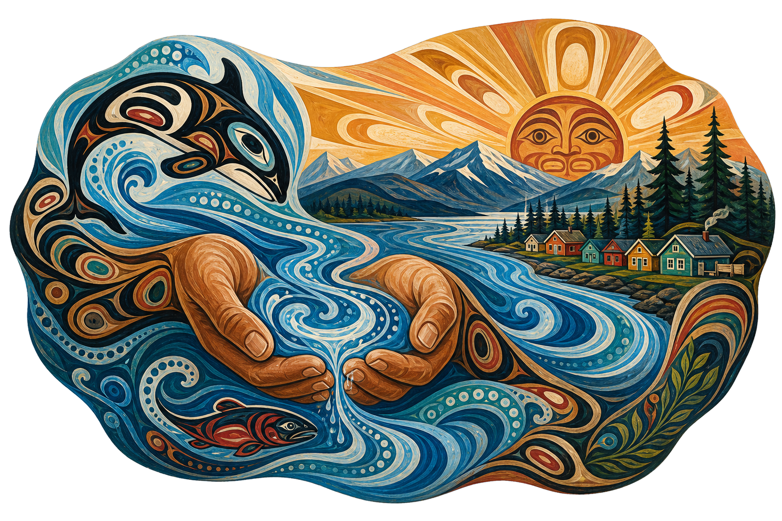 Indigenous-style mural of hands cradling a river flowing from mountains toward a coastal community, symbolizing our water, our hands, our future